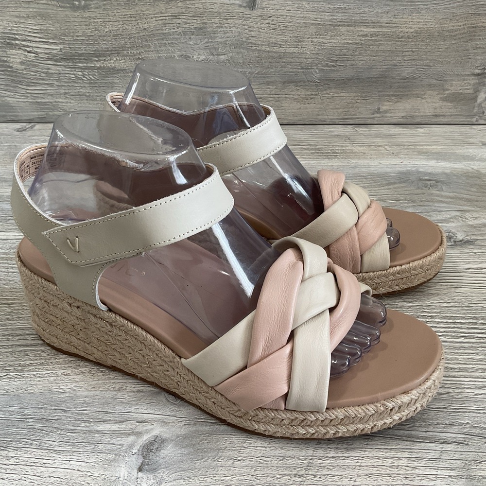 Vionic Saratoga Espadrille Wedge Sandals Size 8.5 W Cream Rose Boho Ankle Strap